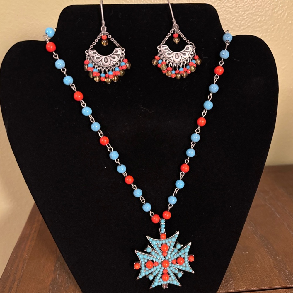 Red and Turquoise Necklace & Earrings